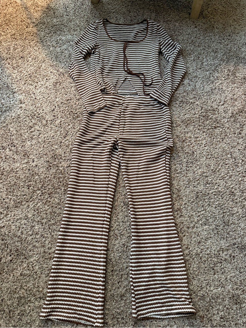 Striped Brown and White Knit outfit - Women's Long Sleeve Top and Pants